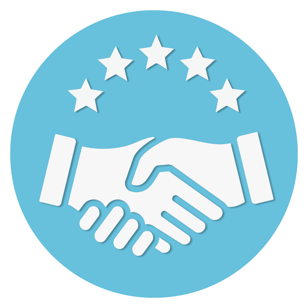 Illustration of a handshake with five stars above it, representing agreement or partnership.