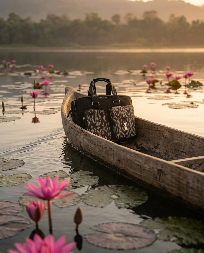 A black round handbag with a patterned front panel, a matching fabric zipper, and a black and gray scrunchie attached as a handle, resting on an iridescent seashell with the text 'Zhaun Barry' below.
