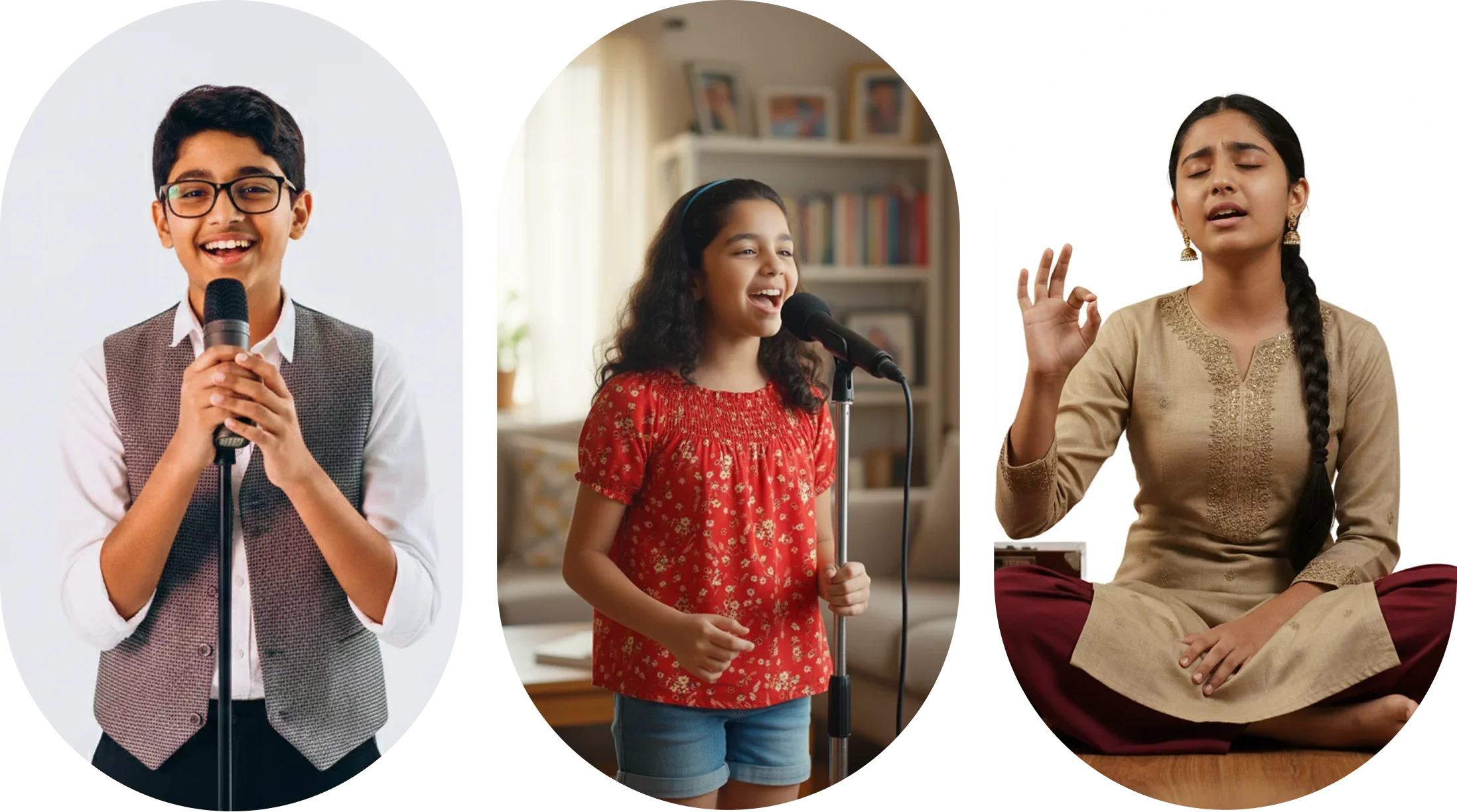 Three children performing: a boy with glasses and a vest holding a microphone, a girl with curly hair and a red dress singing into a microphone in a room with bookshelves, and a girl with braided hair and traditional attire meditating or singing with closed eyes and an expression of concentration.