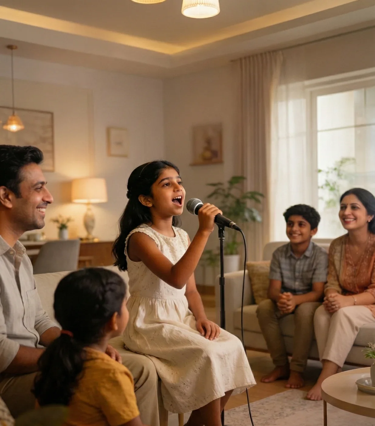 A young girl singing into a microphone while sitting on a couch in a living room, surrounded by a smiling family members including a man, a woman, a boy, and a girl, with warm lighting and home decor in the background.