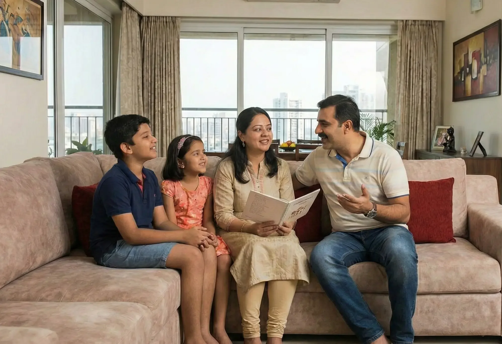 Family sitting on a beige sofa in a living room, engaging in a conversation. The father is smiling and gesturing while talking, the mother is holding a magazine, and two children are sitting beside her, listening attentively. The room has large windows, curtains, and decorative artwork on the walls.