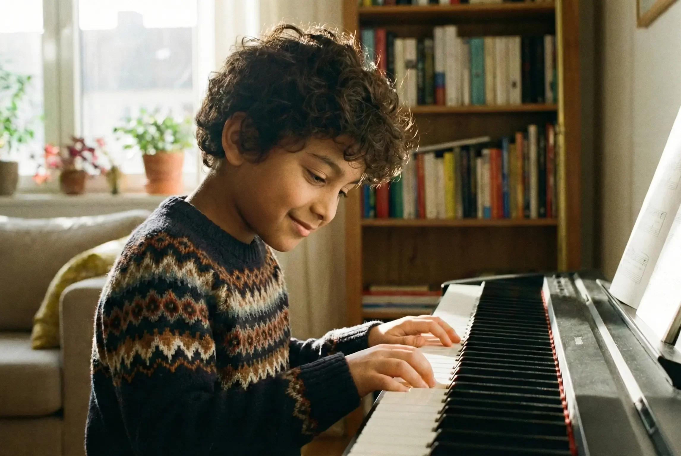 Child learning keyboard through structured online piano classes at Voxtune India