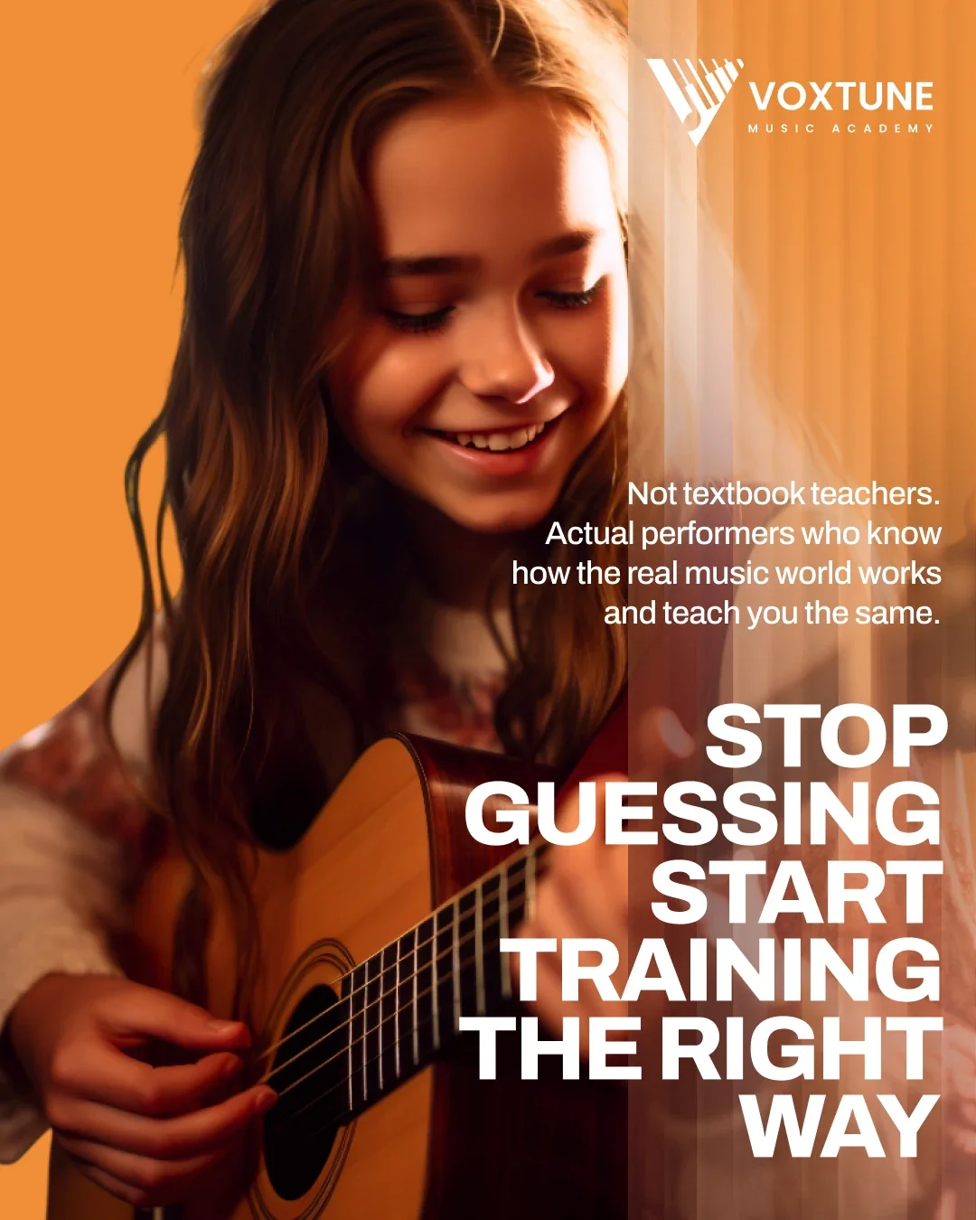 Young girl smiling while playing an acoustic guitar, with text promoting music training at Voxtune Music Academy.