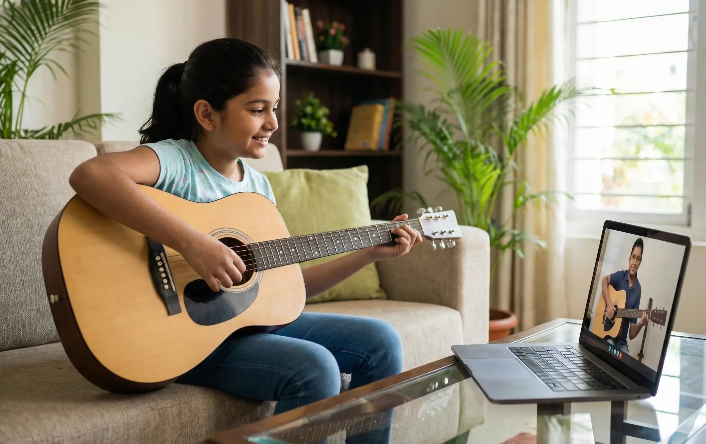 Student attending live online guitar class from home at Voxtune music academy India