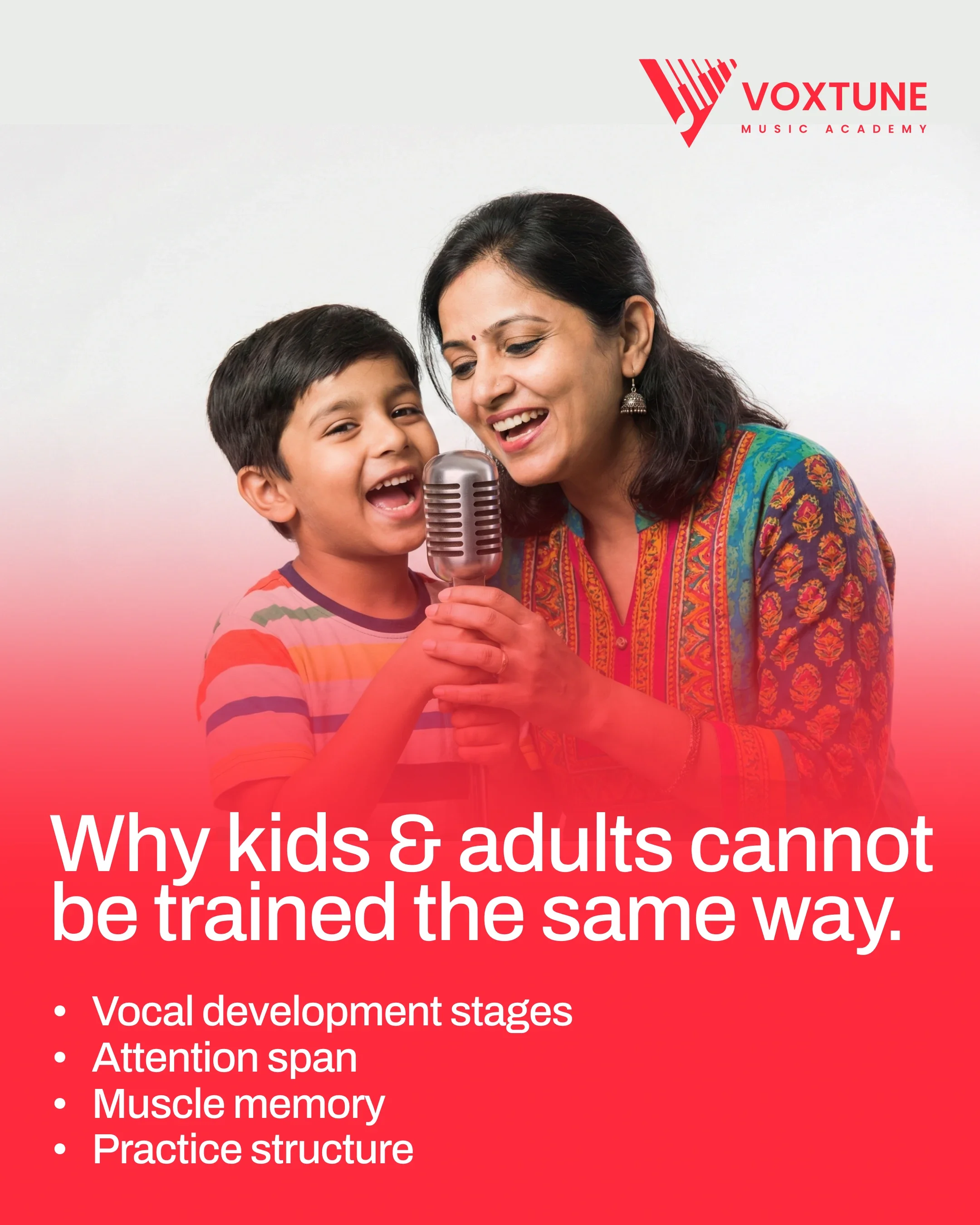 A woman and a young boy singing into a microphone with a logo of Voxtune Music Academy in the top right corner and text about training differences between kids and adults.