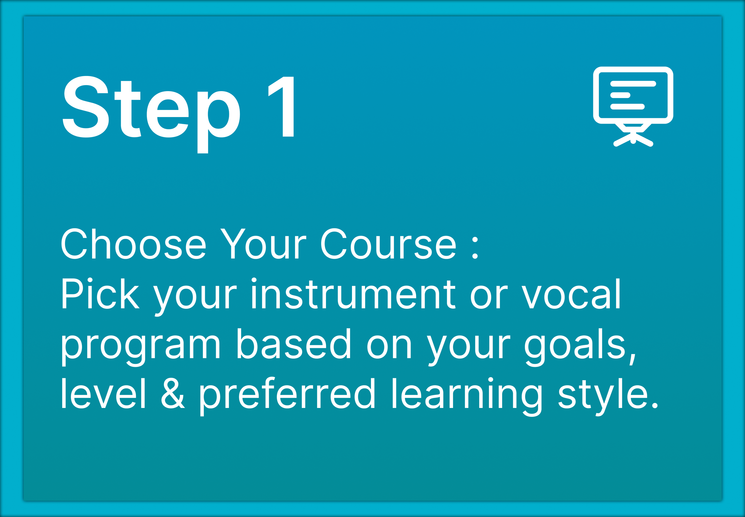 Instructional slide titled 'Step 1' with text about choosing a course, selecting musical instrument or vocal program based on goals, level, and learning style, with an icon of a presentation board.