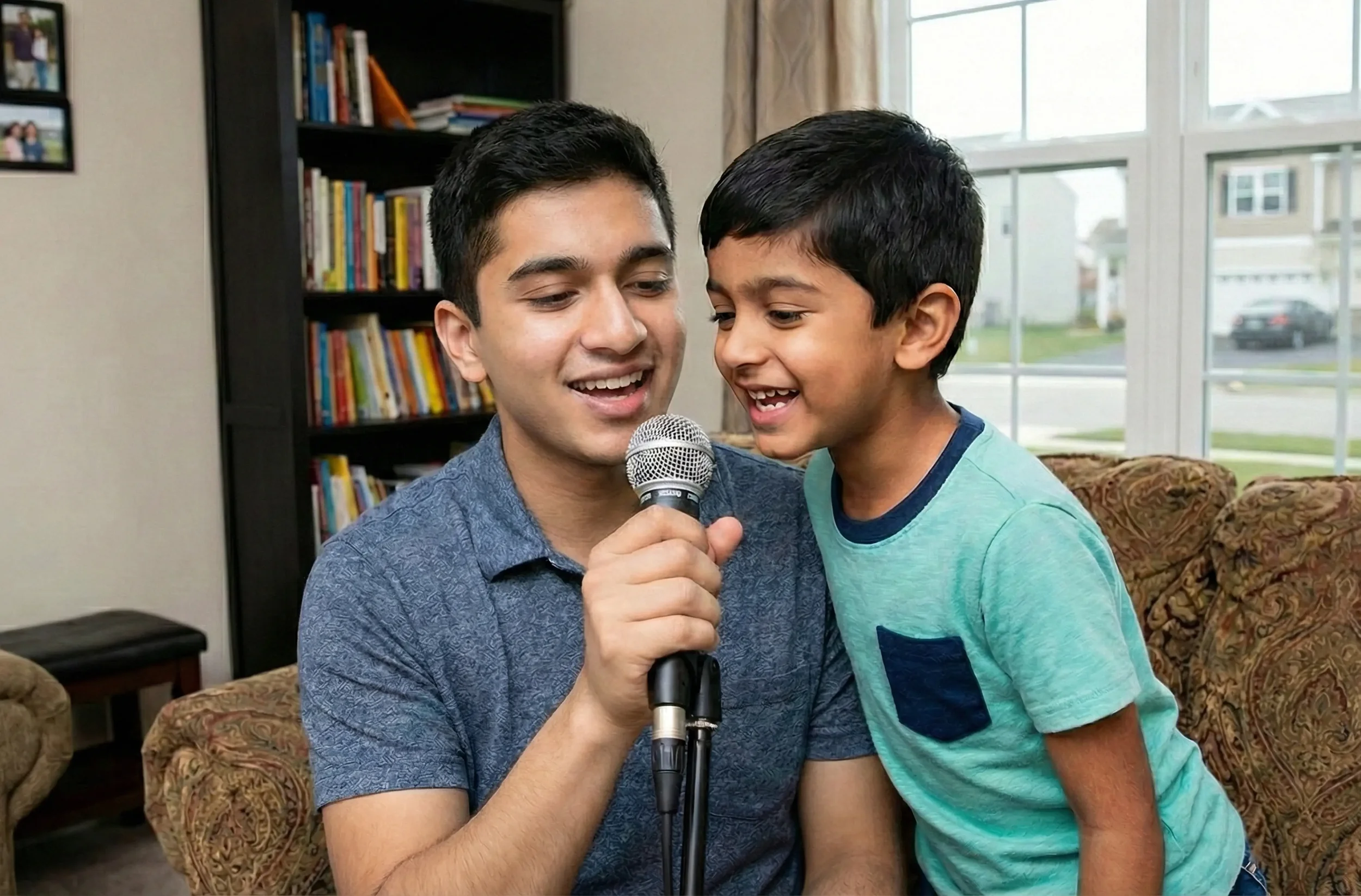 A young man and a boy singing together into a microphone in a living room with a bookshelf and large windows.