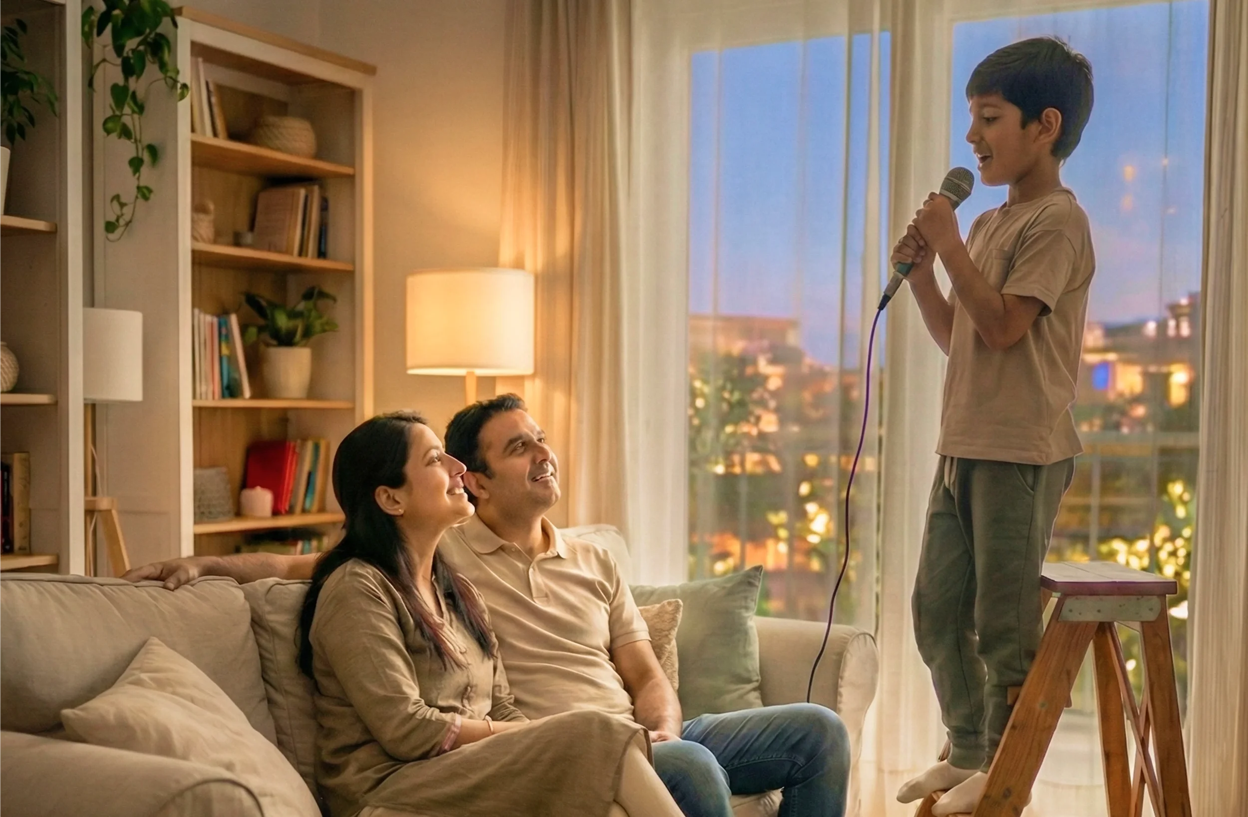 A boy is standing on a small wooden stepladder, singing into a microphone, while a woman and man are sitting on a beige couch, smiling and watching him during what appears to be a family Karaoke night in a cozy living room with a large window showing a cityscape at dusk.
