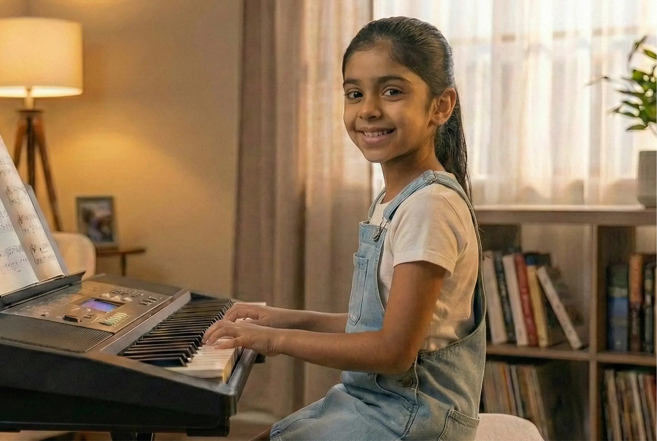 A young girl with long dark hair playing the piano in a cozy living room, smiling at the camera.
