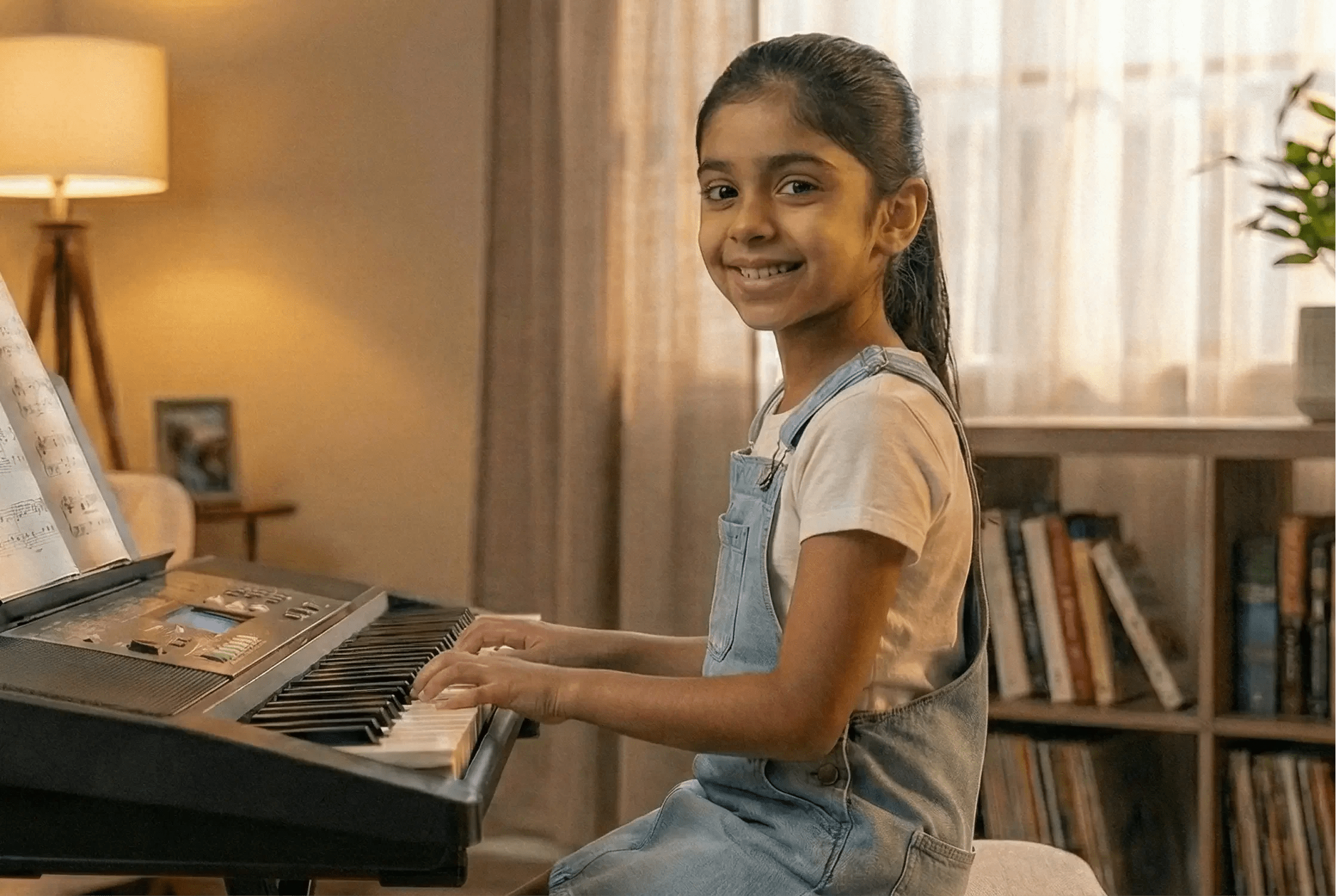 Young student playing keyboard during live online piano lesson – online keyboard and piano classes India