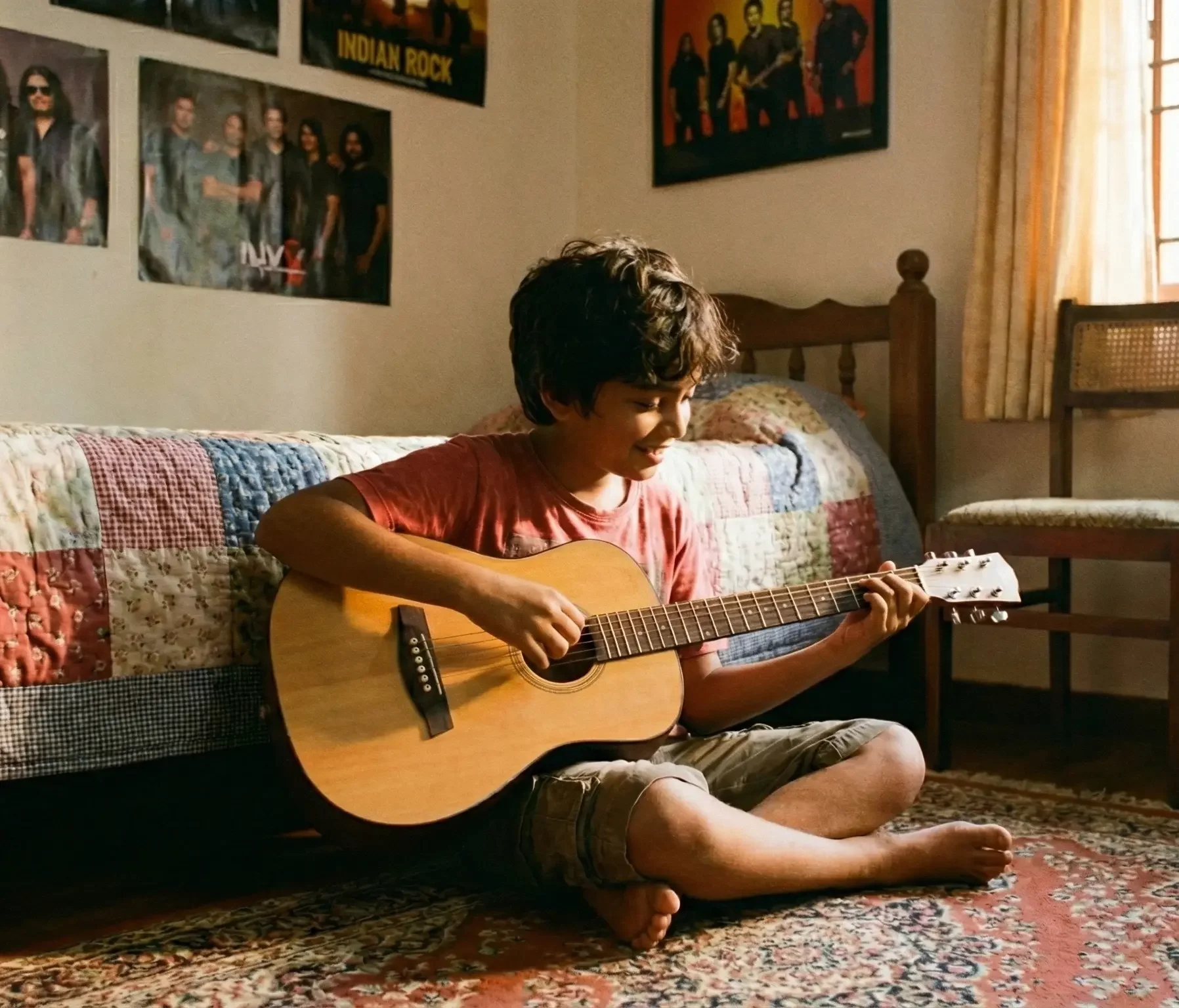 Child learning acoustic guitar through online guitar classes at Voxtune India