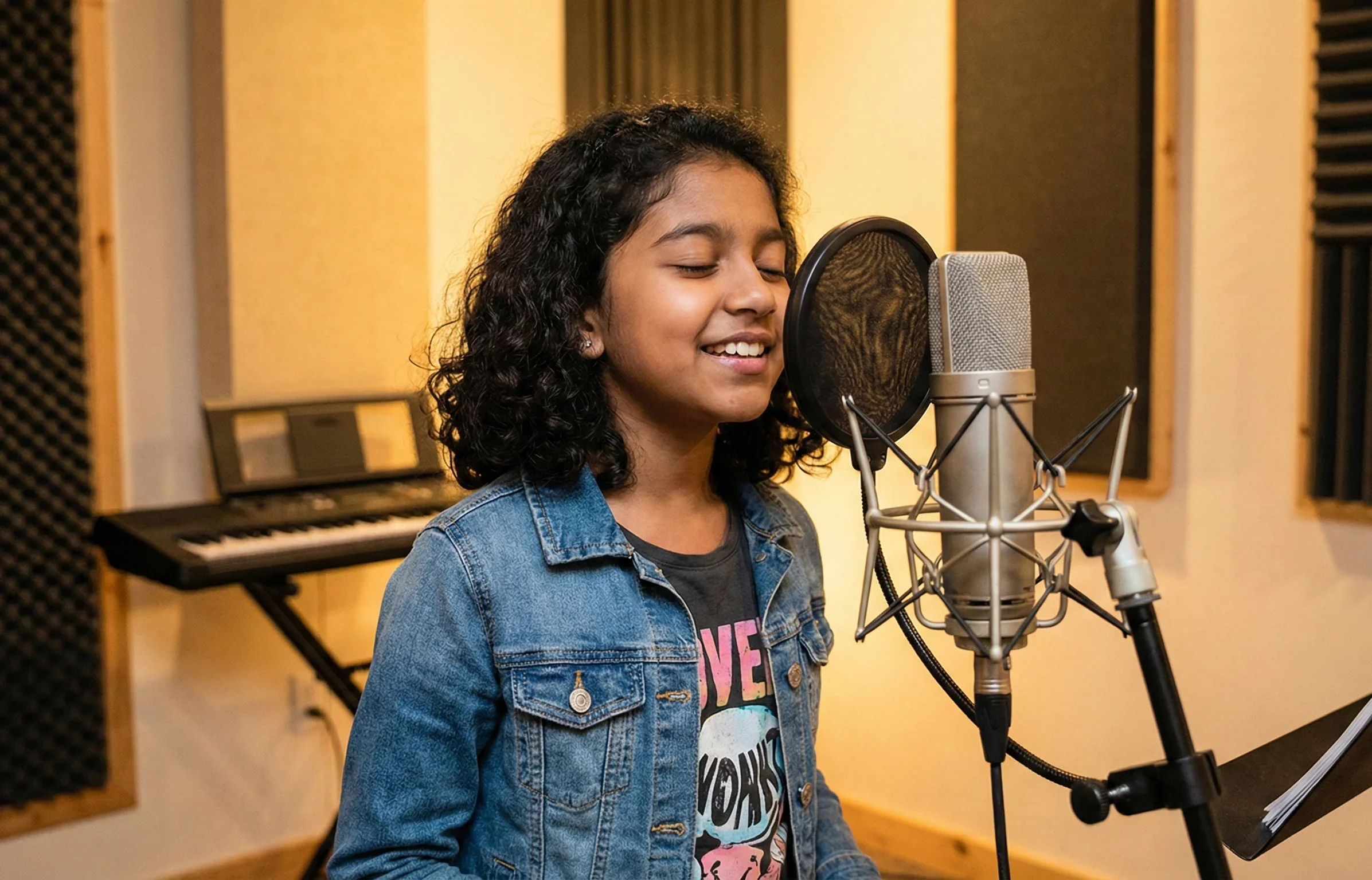 A young girl singing into a professional microphone in a music recording studio, with acoustic panels and a keyboard in the background.