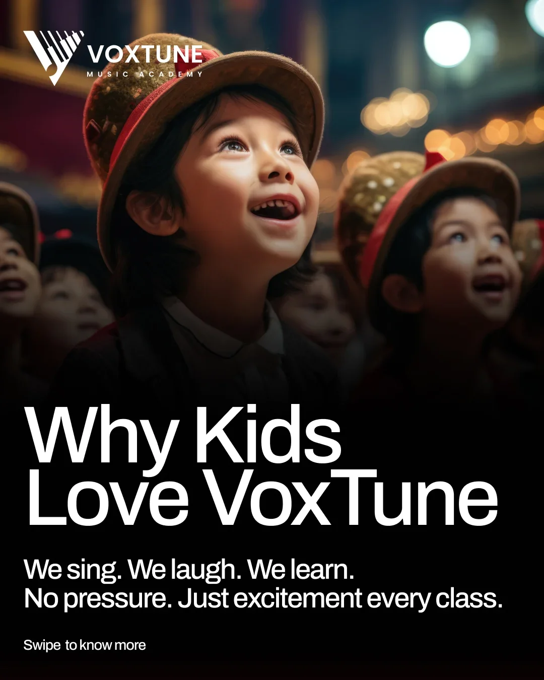 Young children wearing hats, smiling and looking up at a performance or presentation in a dark, festive indoor setting, with the text 'Why Kids Love VoxTune' and additional promotional messaging.