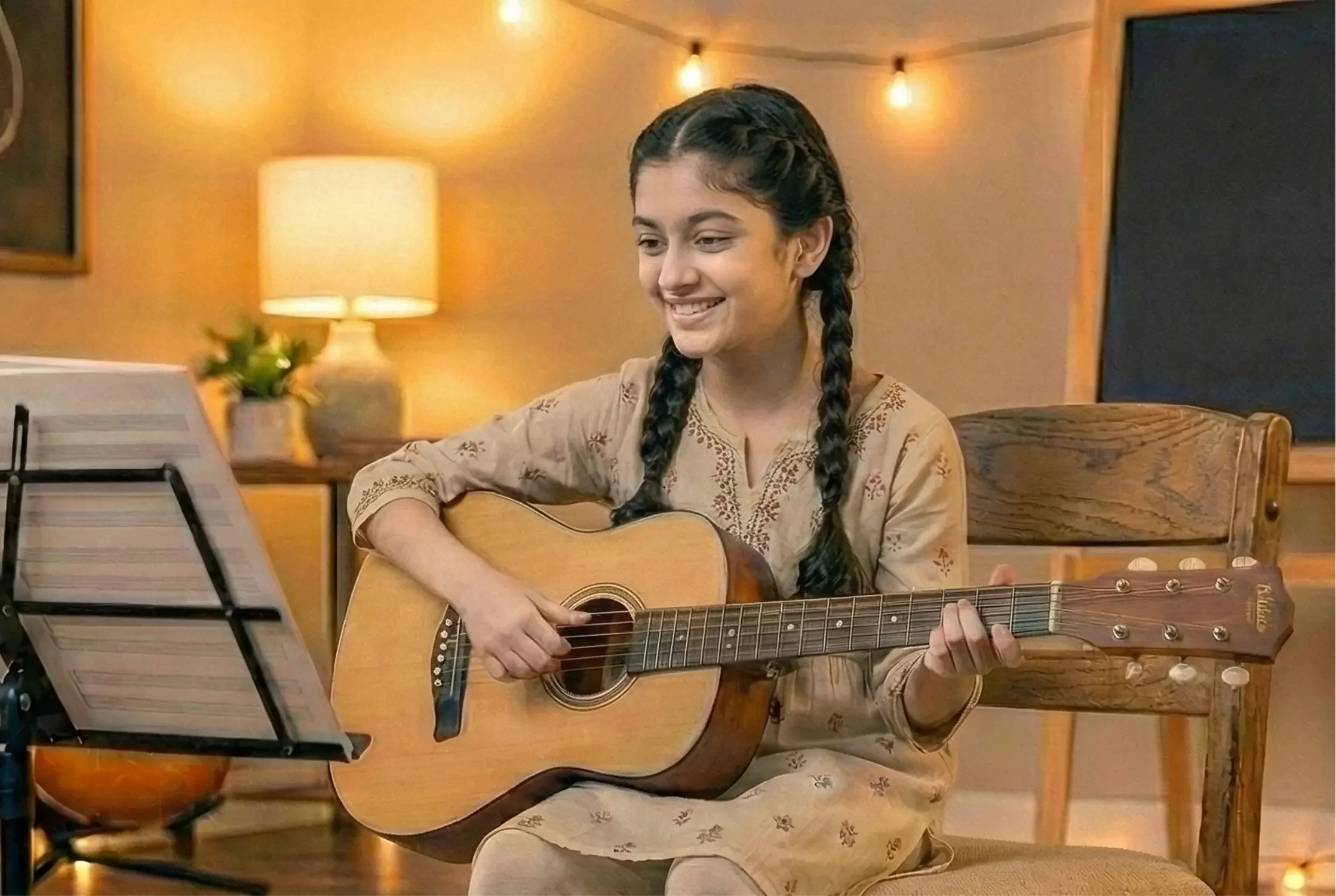 A young woman with braided hair sitting on a chair, playing an acoustic guitar in a warmly lit room with a lamp, a potted plant, and wall decorations.