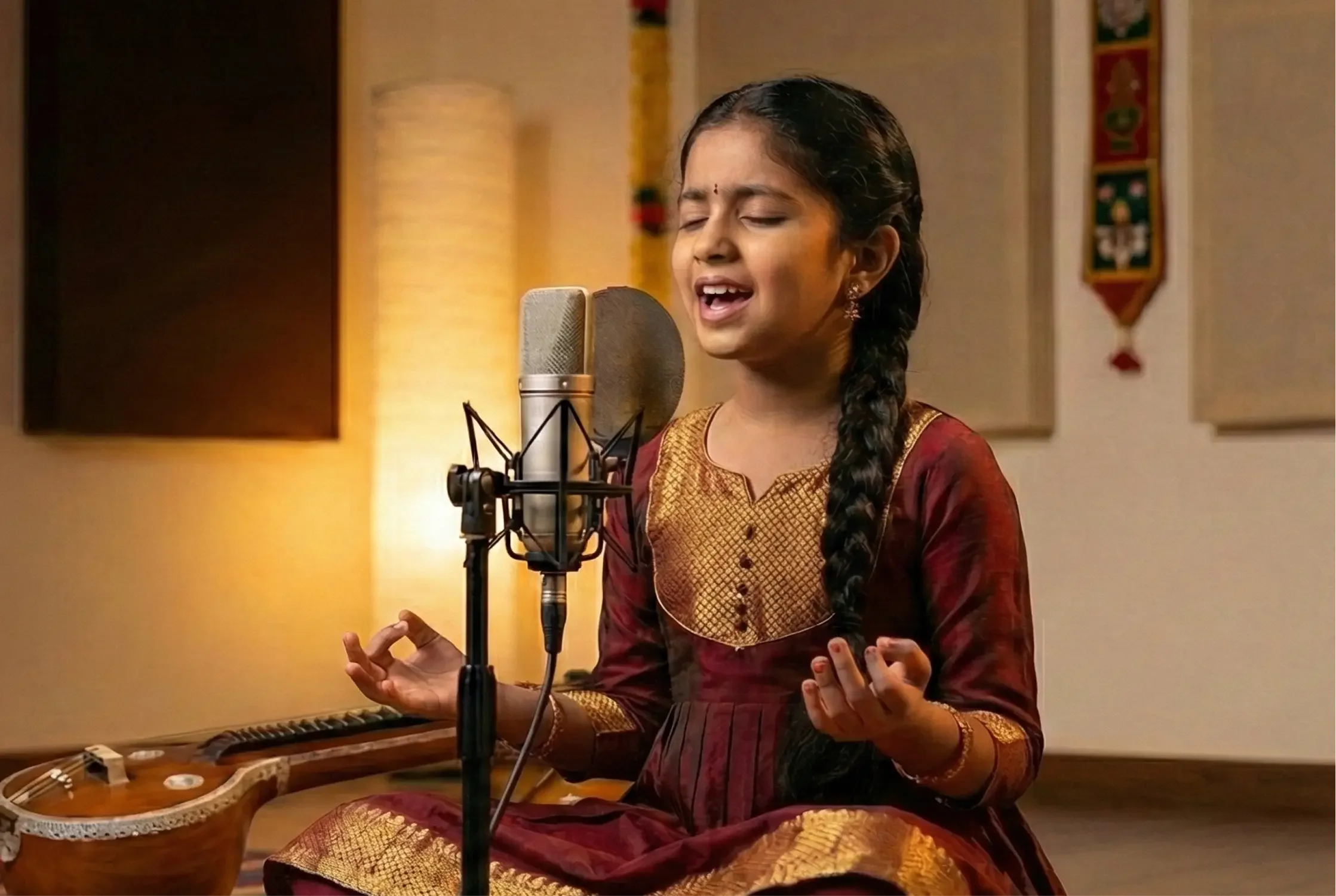 Young girl singing into a microphone while sitting cross-legged with a guitar beside her in a room with warm lighting.