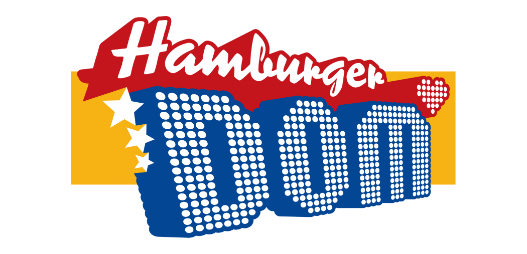 Logo mit dem Text "Hamburger Dood" in roten und blauen Buchstaben, mit schwarzen und gelben Sterne und einer orangen Leiste im Hintergrund