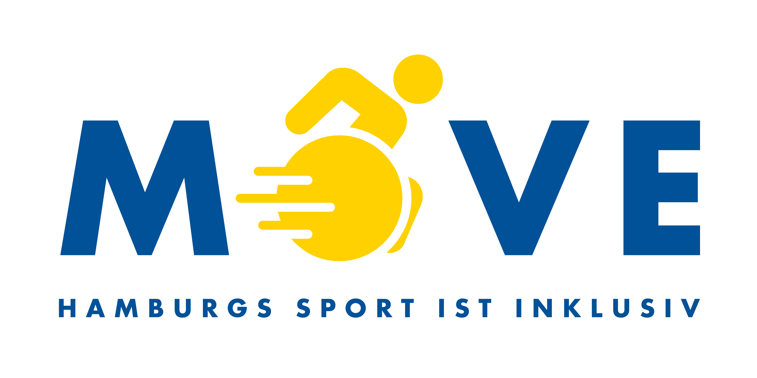Logo mit dem Text 'MOVE' und einer stilisierten gehenden Person in einem Rollstuhl, darunter die Worte 'Hamburgs Sport ist inklusiv'.
