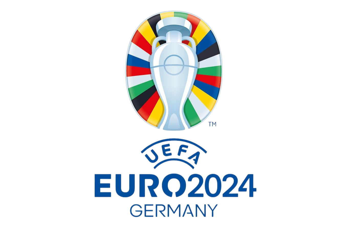 Das offizielle Logo der UEFA EURO 2024 in Deutschland, mit dem Gewinntrophäe, umgeben von bunten Flaggen verschiedener europäischer Länder.