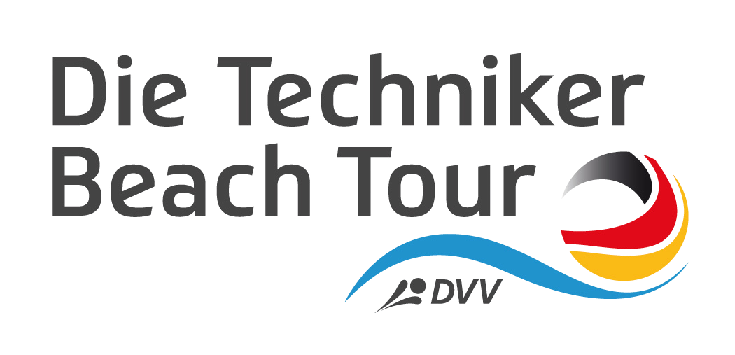 Logo mit Text 'Die Techniker Beach Tour' und einem stilisierten Surfbrett in Blau, rot, schwarz und gelb.