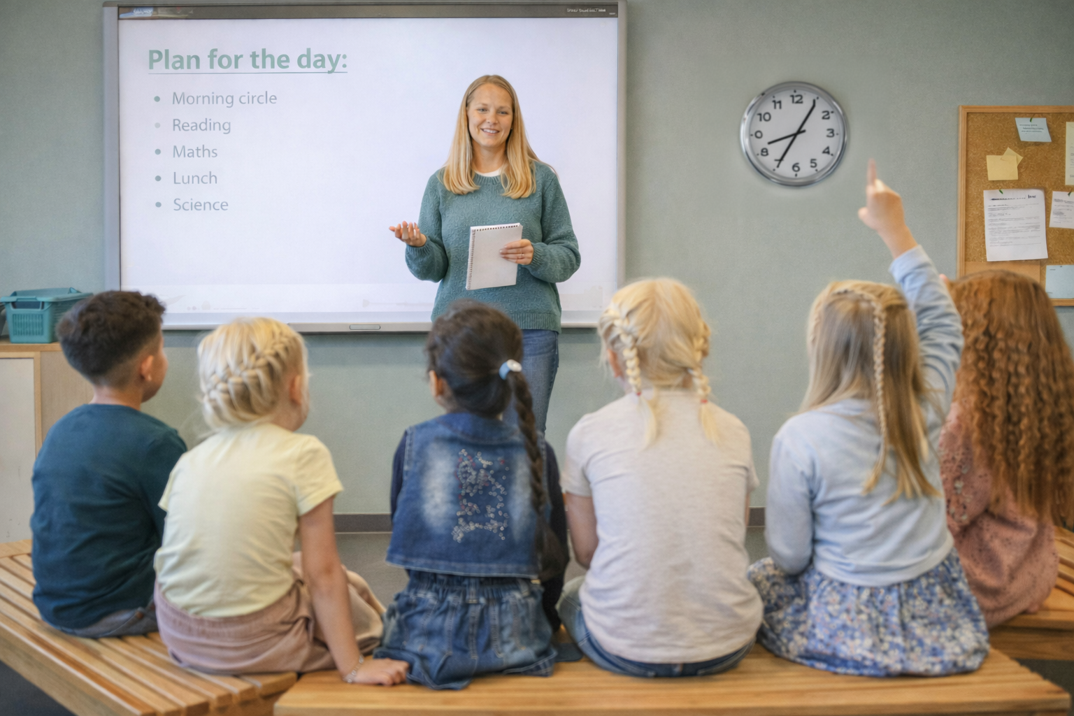 En lærer står foran en gruppe elever, hvor en elev rekker opp hånden, i et klasserom med tavle og veggklokke.