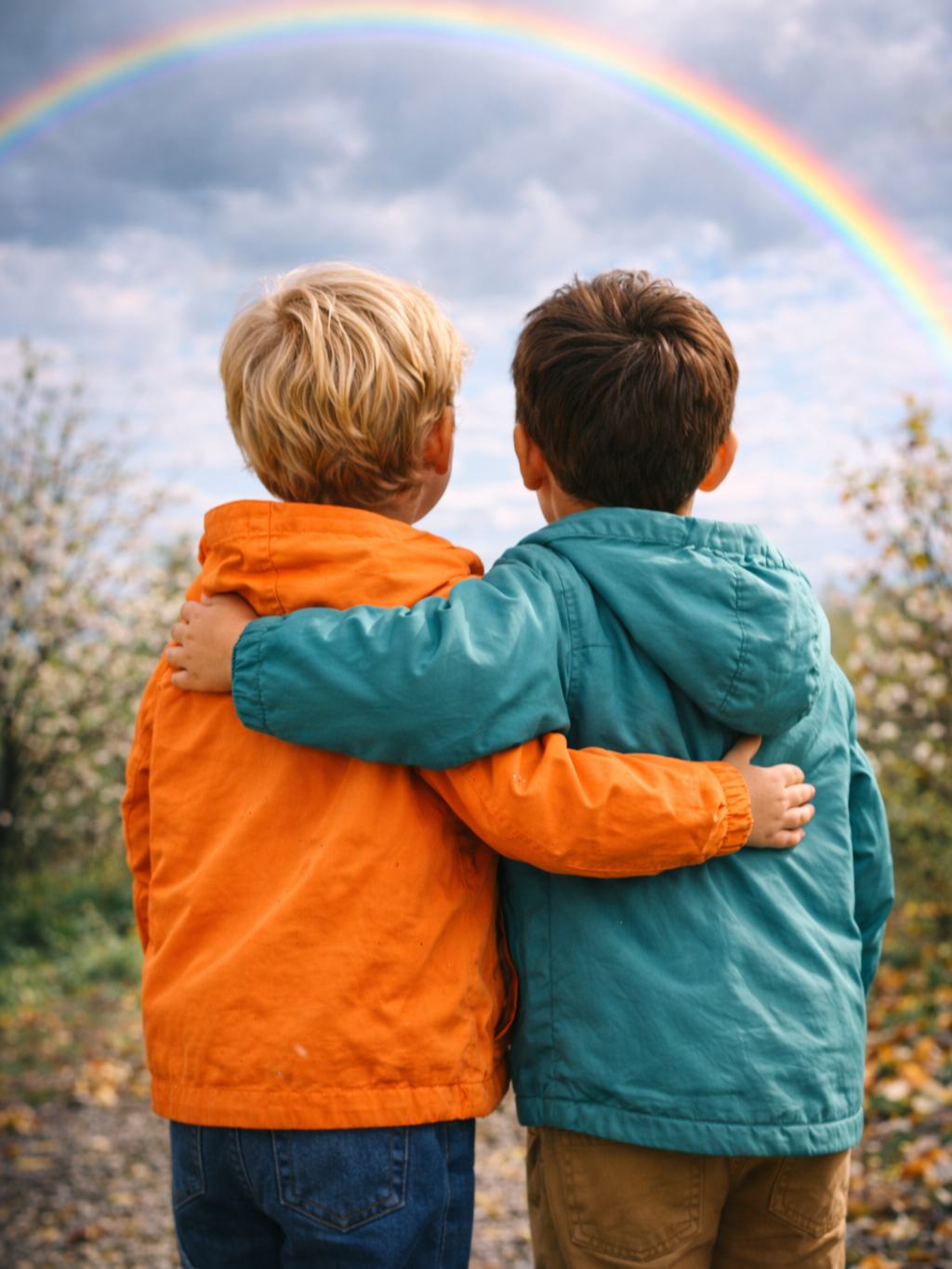 To barn med armene rundt hverandre ser på en regnbue på himmelen.