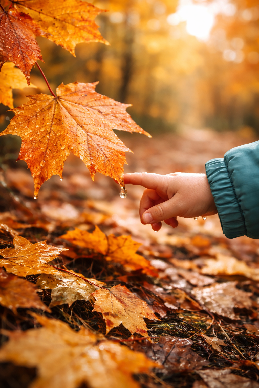 Nærbilde av en barnehånd som peker mot en våt, oransje løv på bakken, med flere høstlöv på bakken og i luften, i et skogbilde med høstfargede trær i bakgrunnen.