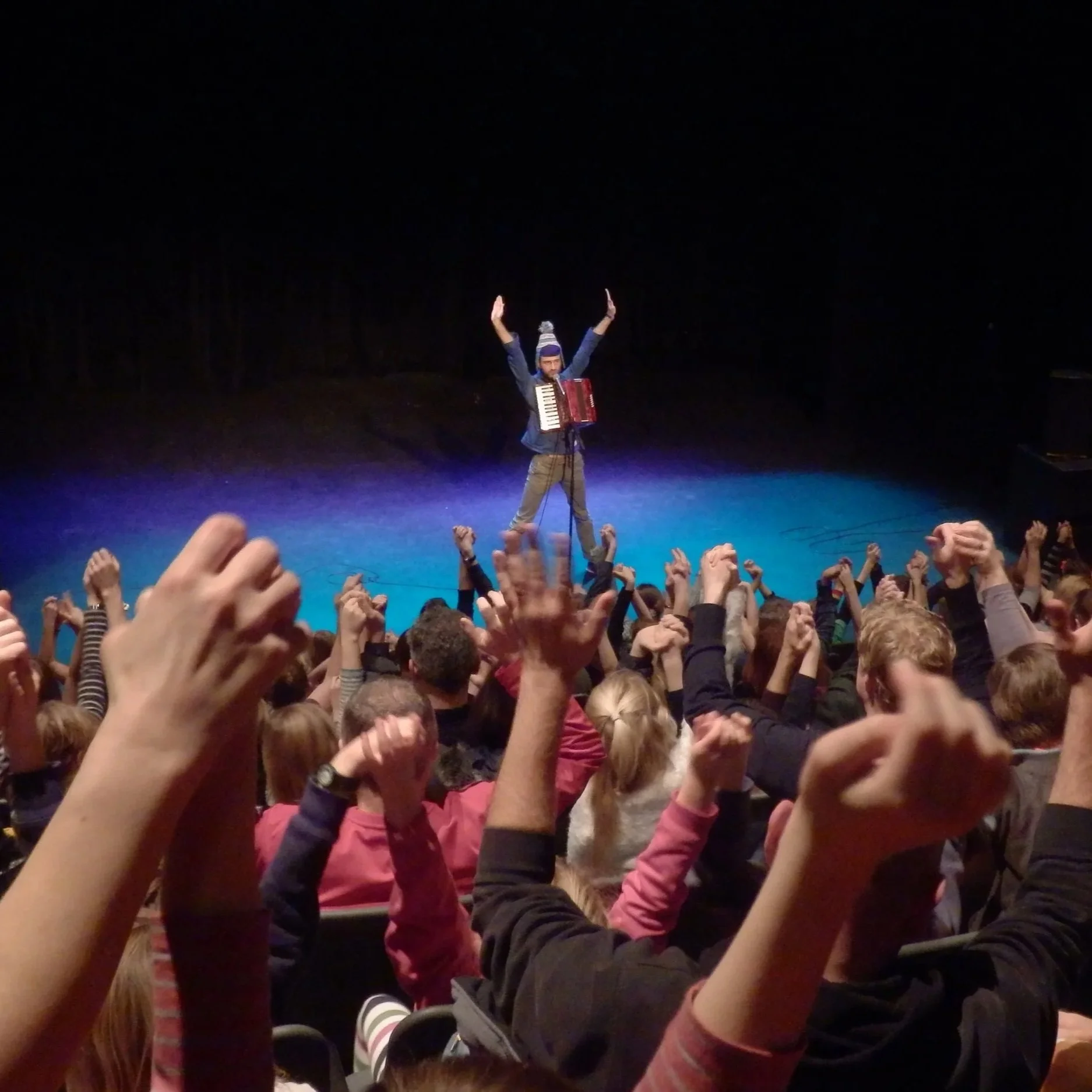 Performer playing an accordion on stage, raising arms in front of an enthusiastic crowd with hands in the air at a concert or event.