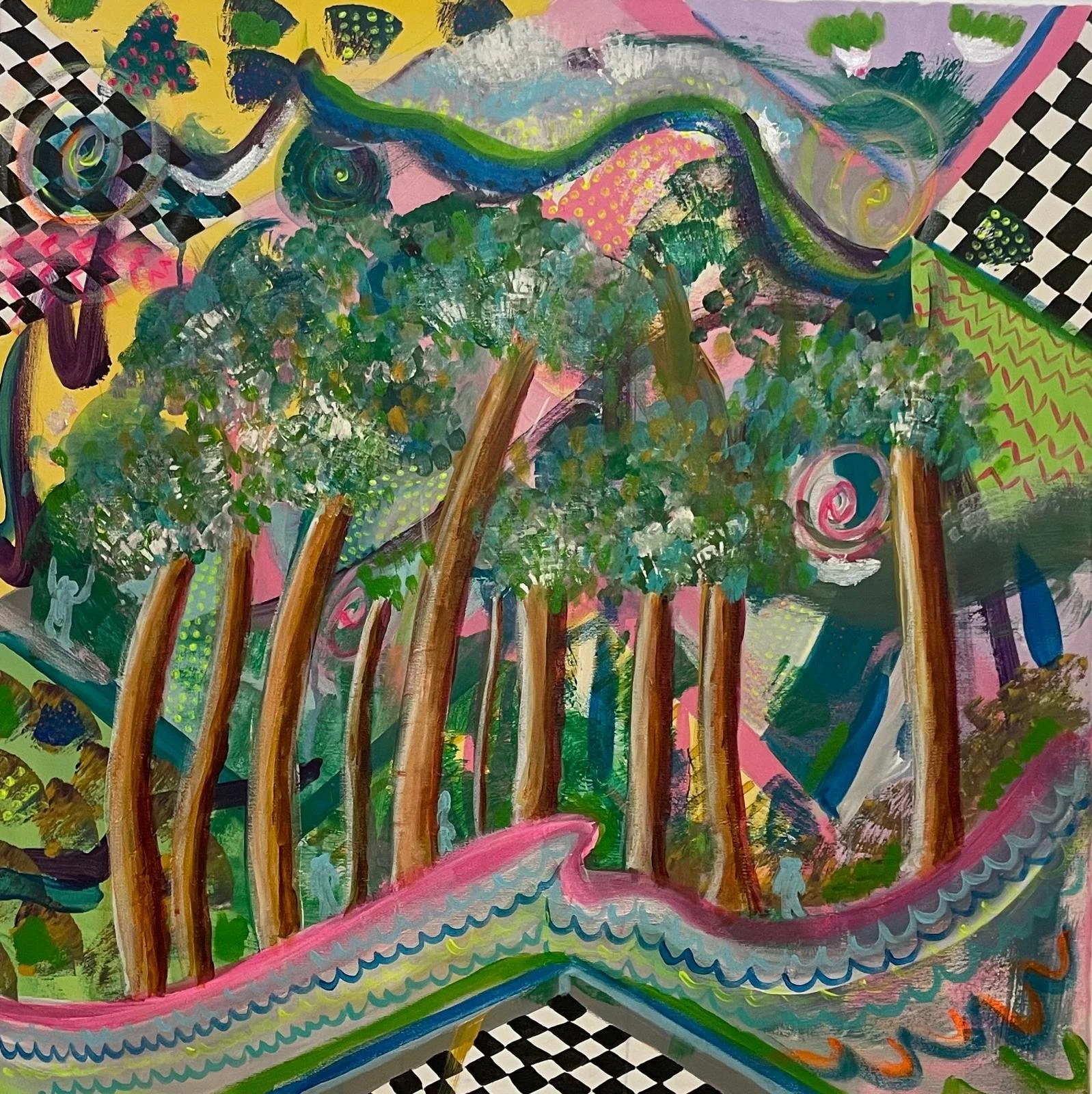 Abstract painting of a forest scene with tall trees, swirling sky, and colorful, patterned background.