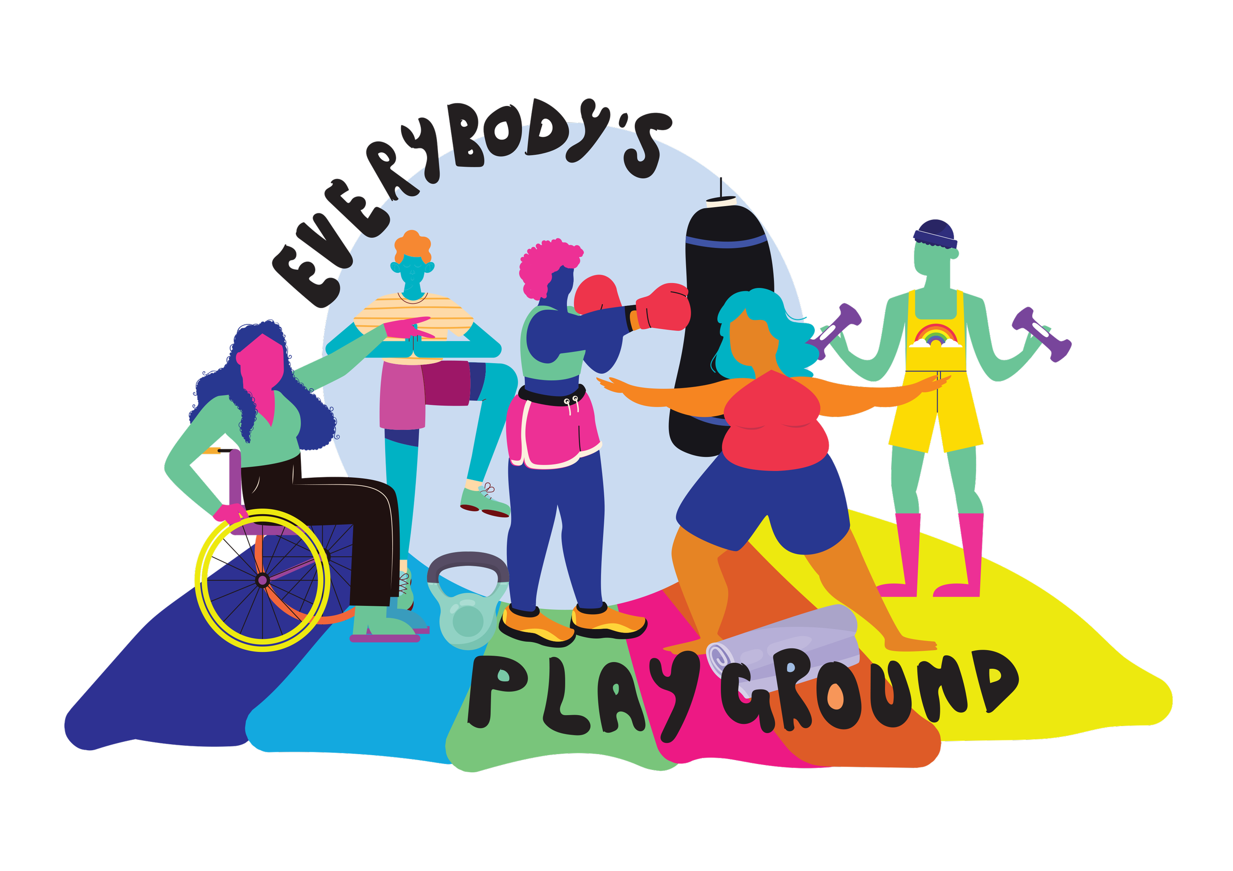 Colorful illustration of diverse people engaging in fitness activities at a playground, with the words 'Everybody's Playground' written above.
