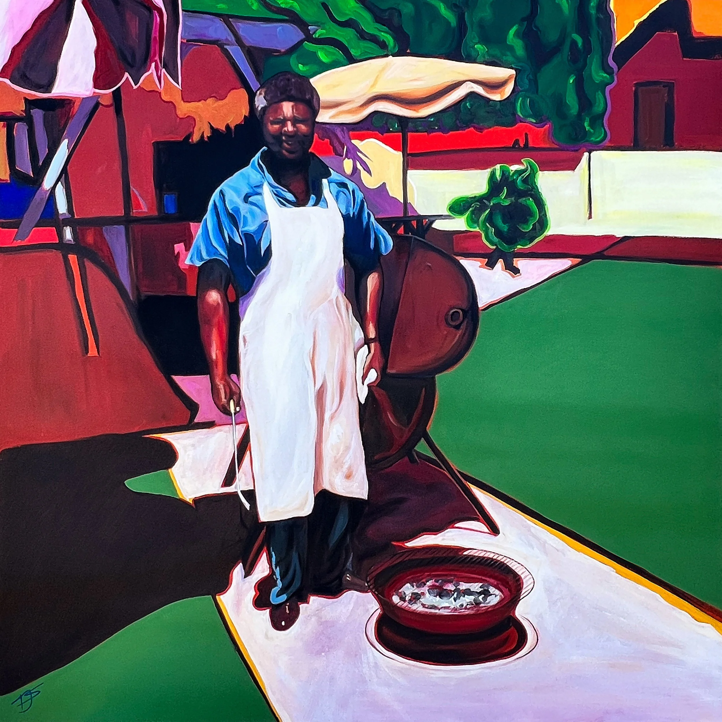 A painting of a person in a blue shirt and white apron standing outdoors on a green lawn, holding a long utensil, with a large round grill or smoker behind them, and a colorful, abstract background with trees and structures.