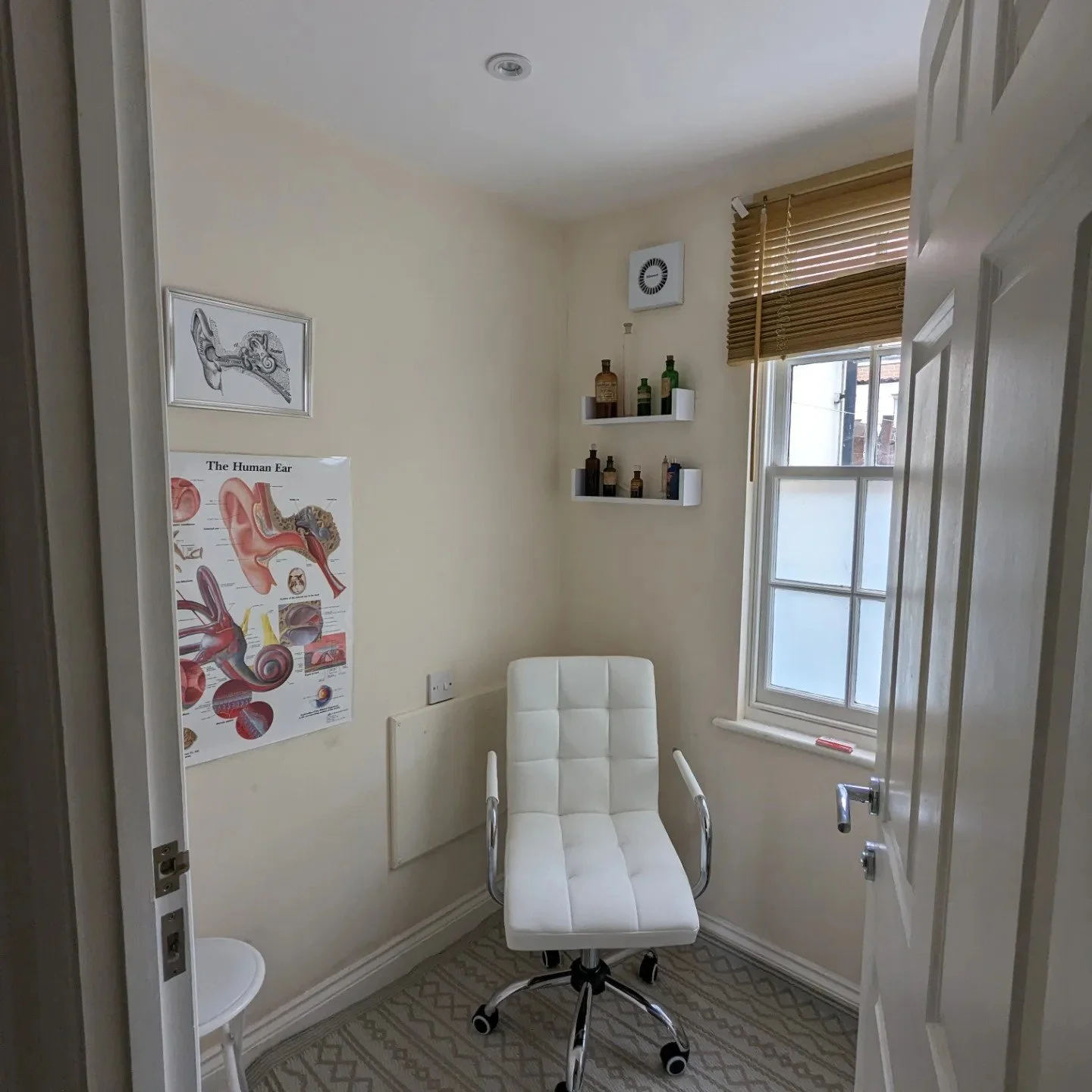 A small consultation room with a white office chair, anatomical posters on the wall, a window with blinds, and small shelves with bottles on them.