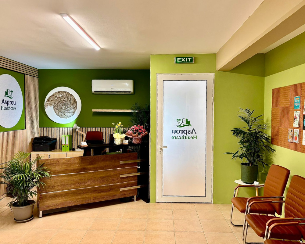 Seating area for patients at Asprou Healthcare clinic in Paphos.