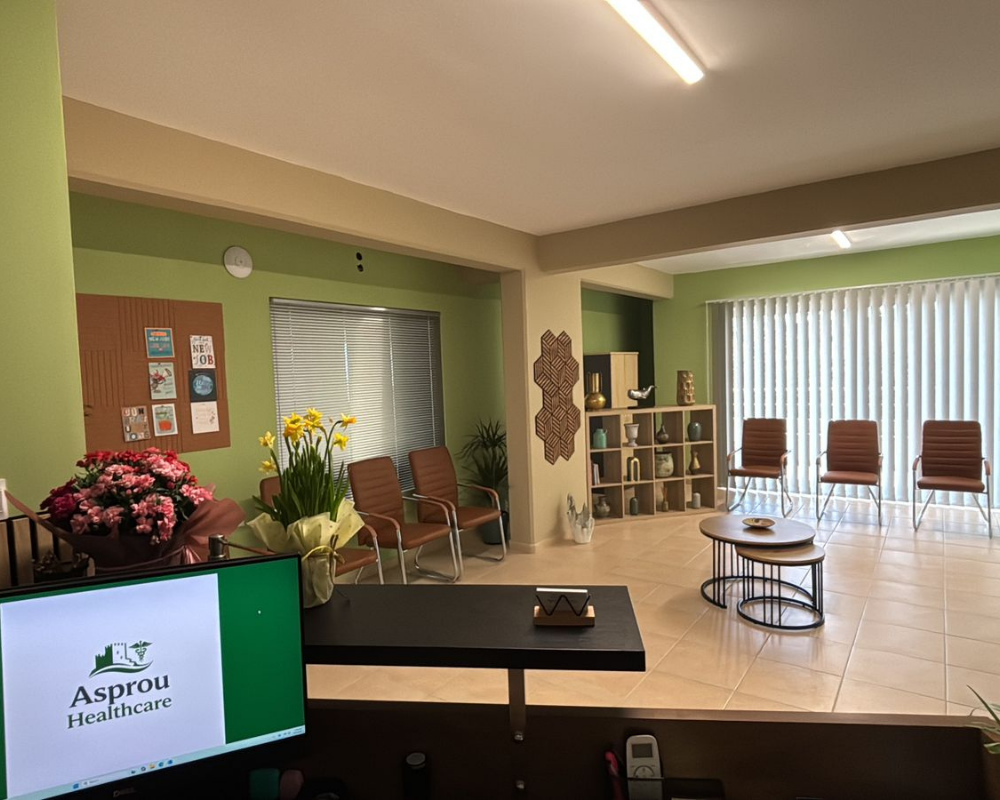 Patient waiting area at Asprou Healthcare in Trimithousa, Paphos.