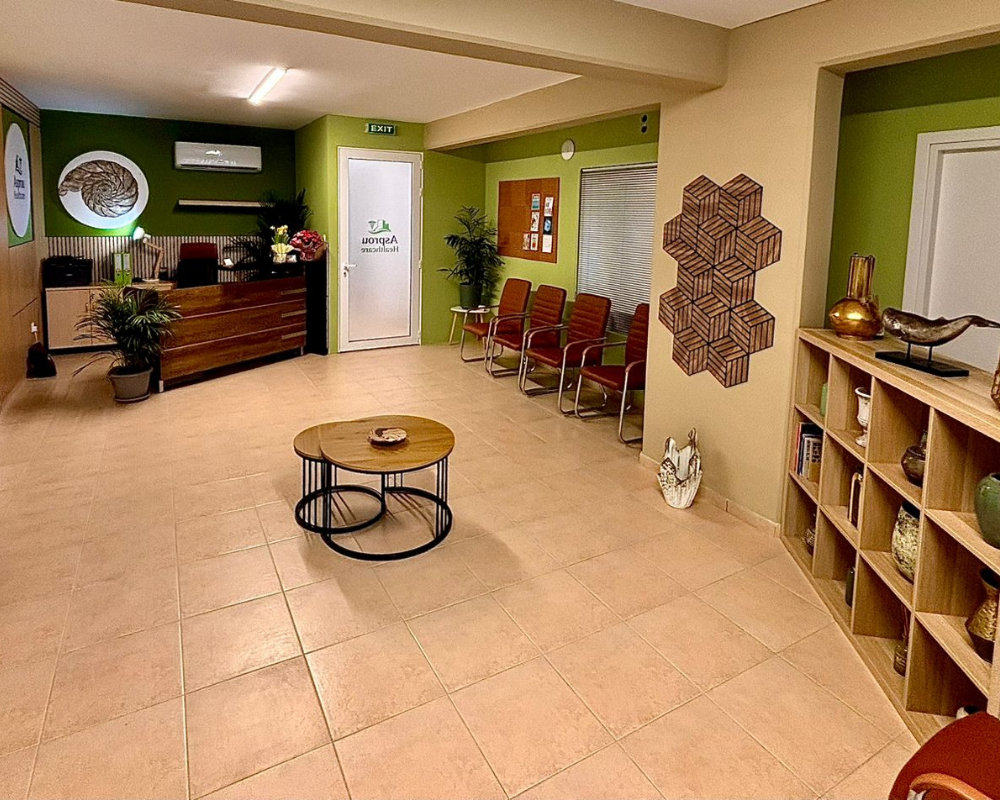 Reception and waiting area inside Asprou Healthcare medical clinic.