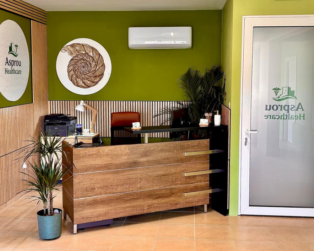 Reception desk at Asprou Healthcare clinic.