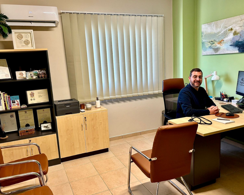 Dr Makarios Asprou in the consultation room at Asprou Healthcare in Trimithousa, Paphos.