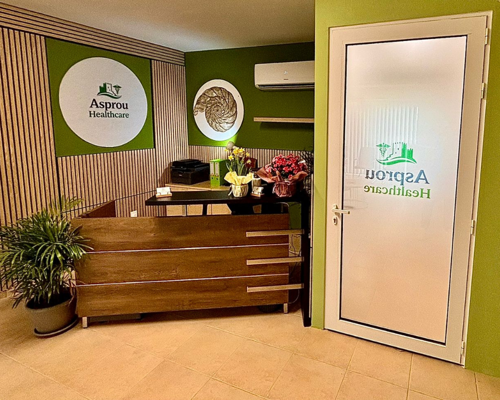 Interior view of the waiting and reception area at Asprou Healthcare.