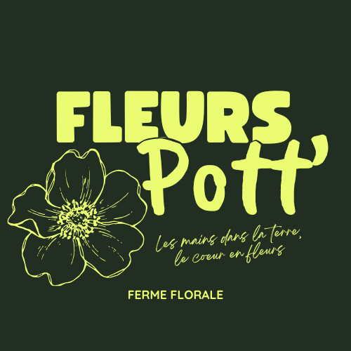Logo vert foncé avec un dessin d'une fleur en ligne et le texte "Fleurs Pott" en lettres grandes et épaisses, ainsi que "Les mains dans la terre, le cœur en fleurs" et "Ferme Florale".