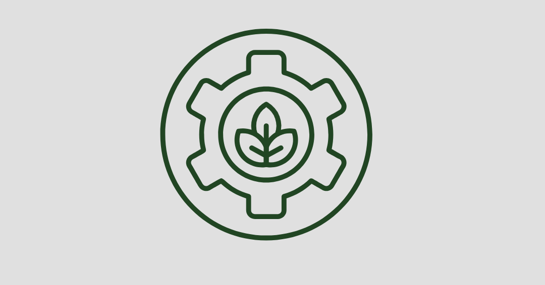 Line drawing of a gear with a leaf inside, symbolizing eco-friendly or sustainable technology.