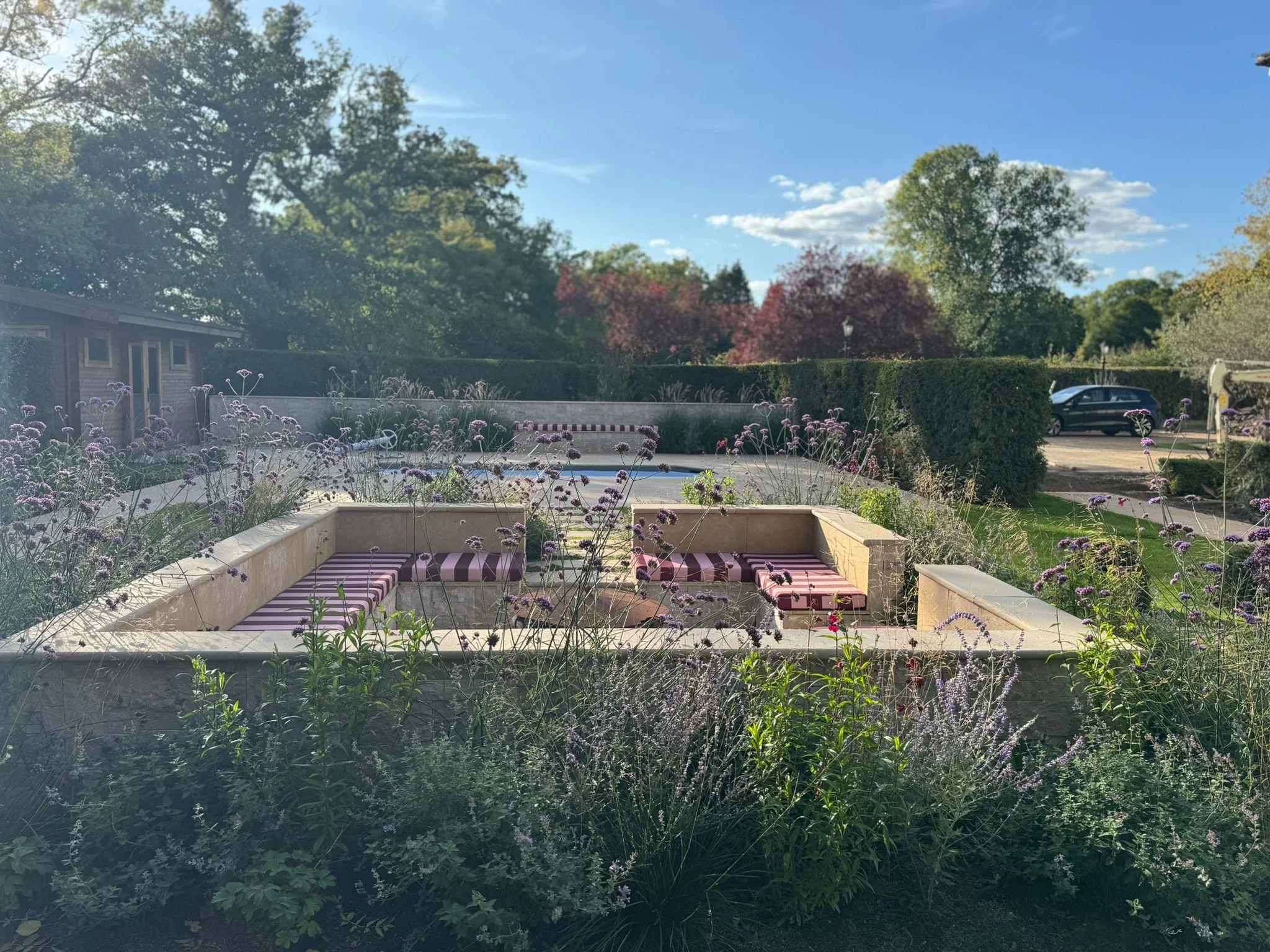 View across seating area to pool