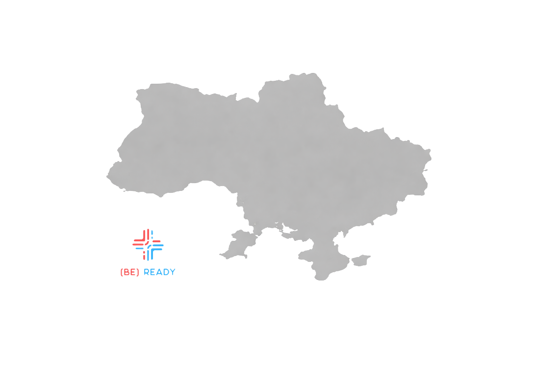 Outline map of Ukraine with a logo of the EU flag and the words 'BE READY' at the bottom.