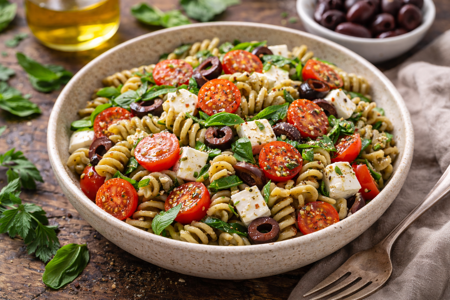 Cold Hemp Pasta Salad with Cherry Tomatoes, Olives &amp; Mozzarella
