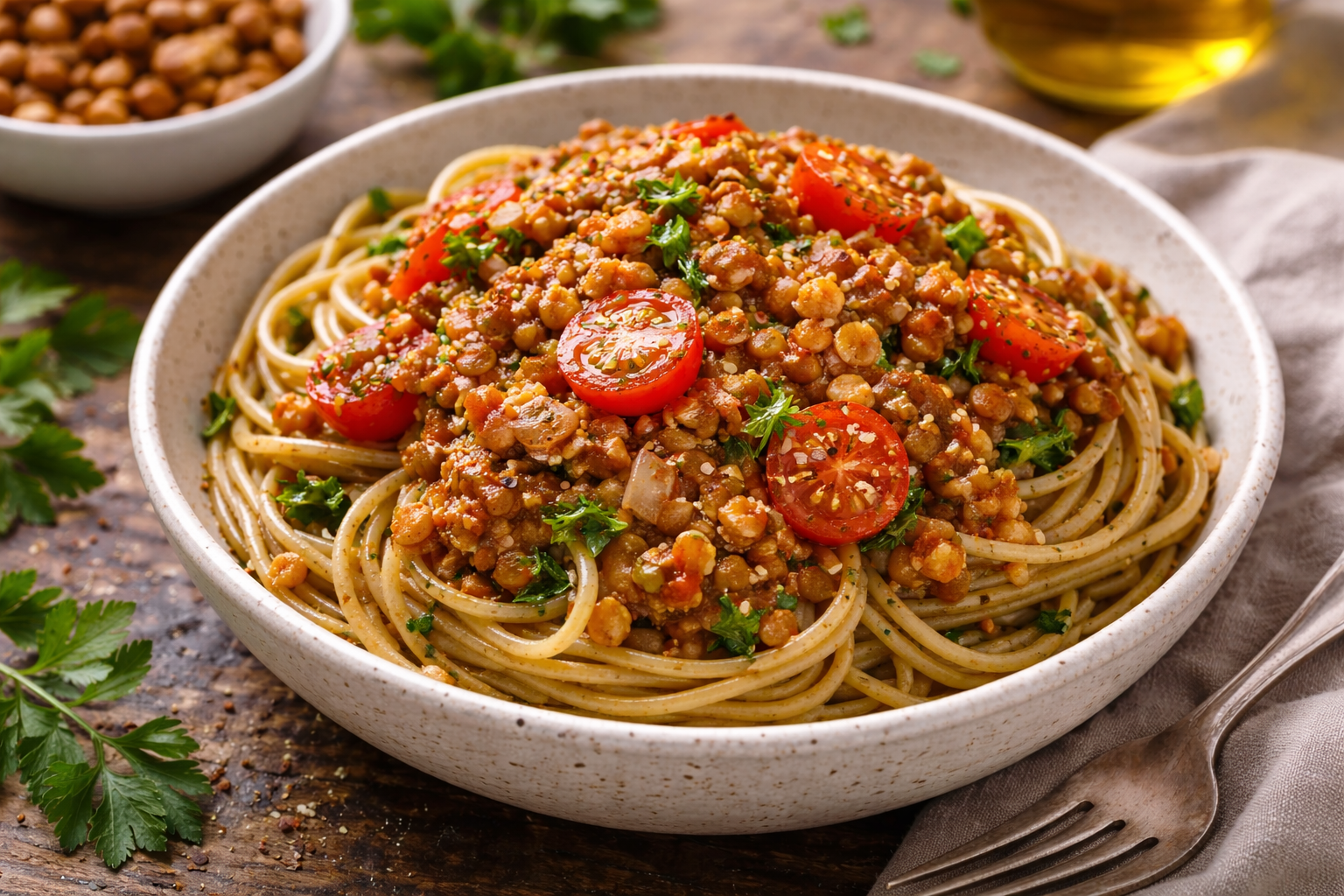 Vegan Hemp Pasta with Lentil Ragù &amp; Cherry Tomatoes