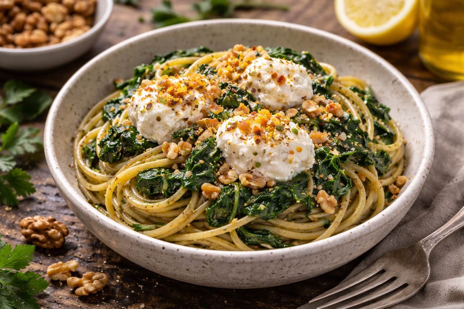 Vegetarian Hemp Pasta with Fresh Ricotta, Spinach &amp; Walnuts