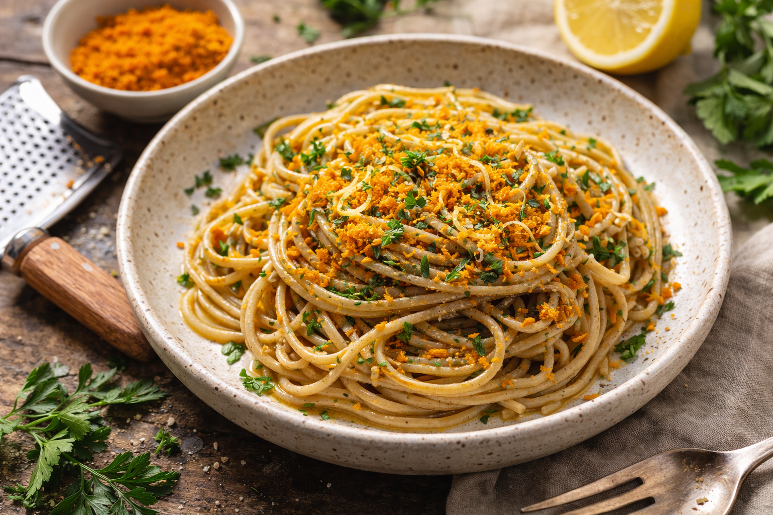 Hemp Pasta with Mullet Bottarga &amp; Lemon