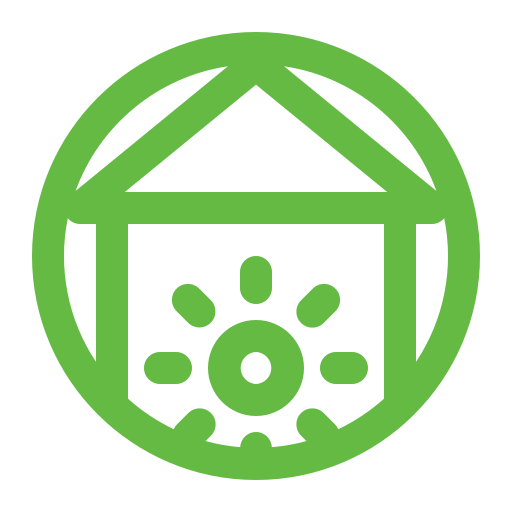 Icône verte d’une maison avec un soleil circulaire à l’intérieur