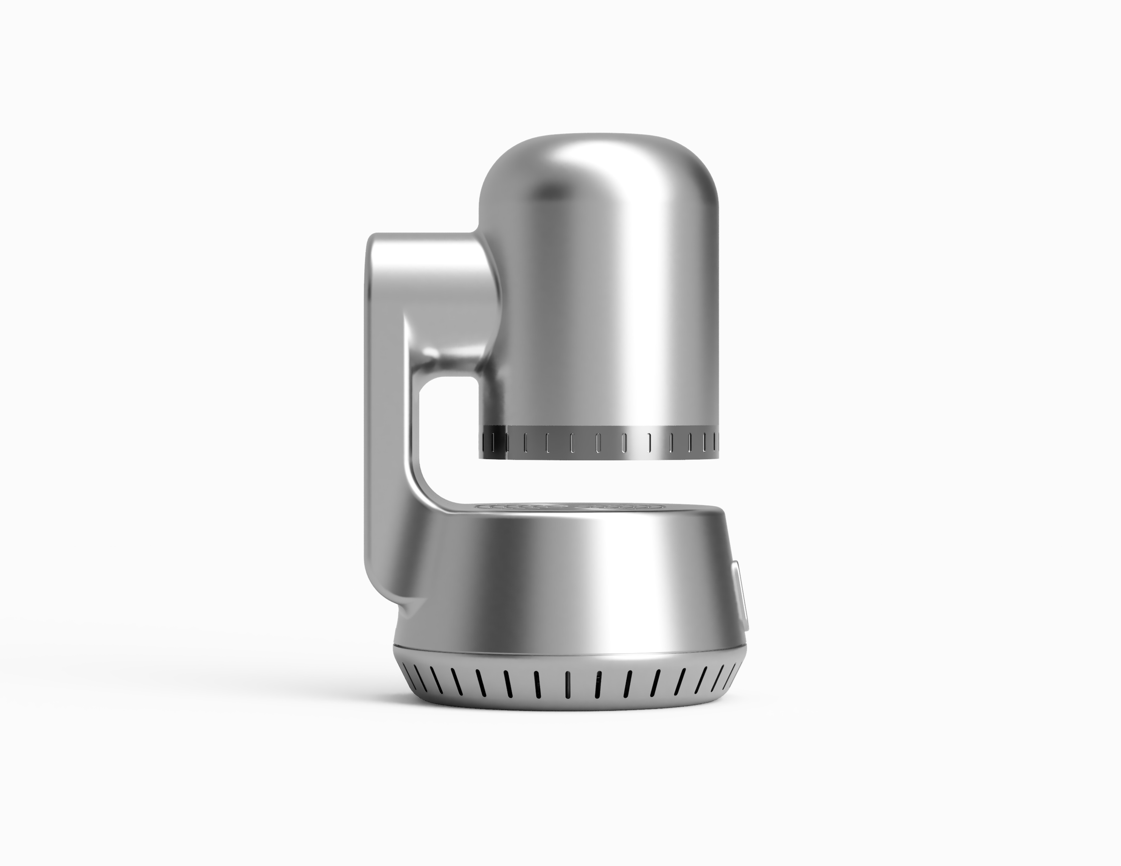 A sleek, modern, silver-colored coffee maker with a minimalistic design.