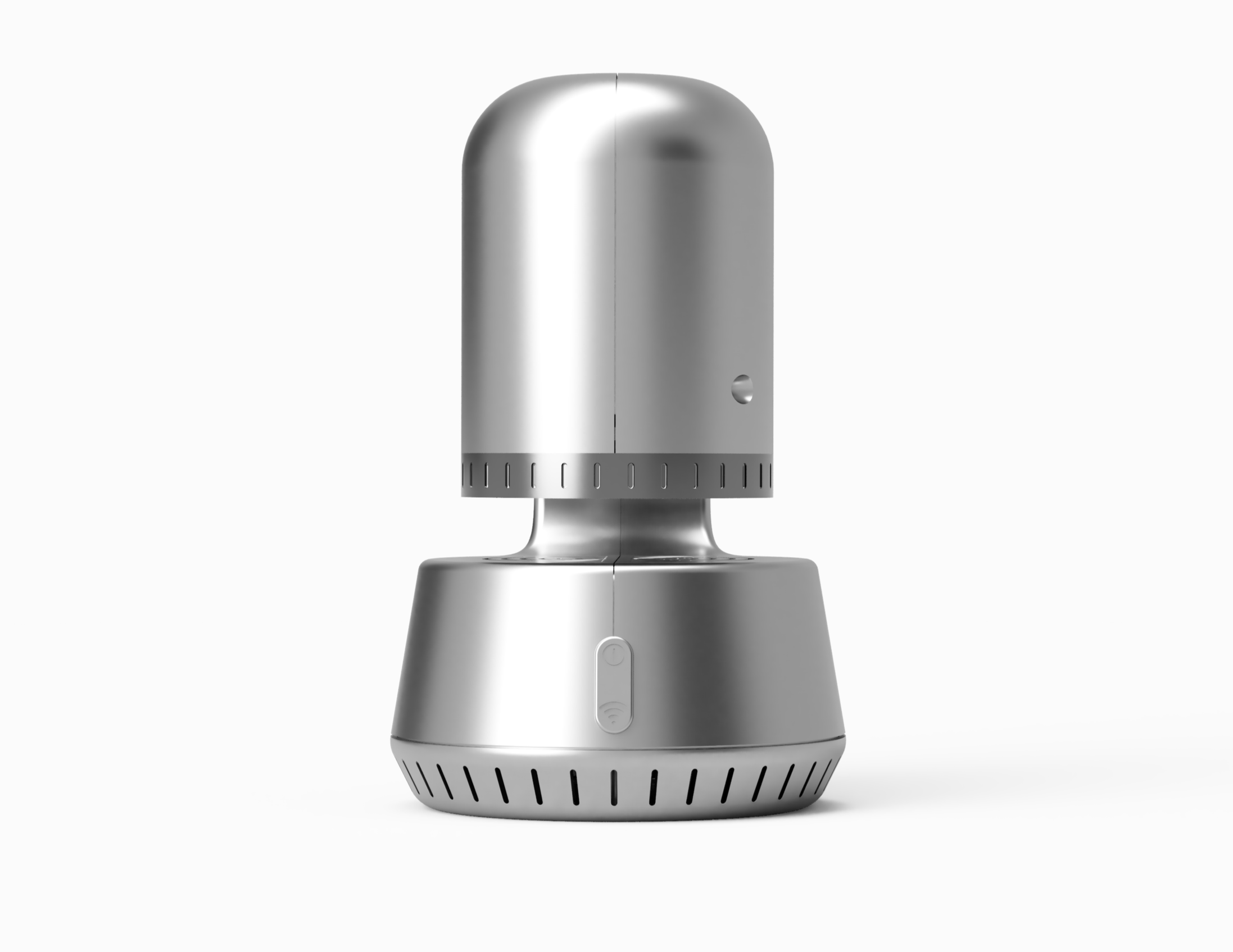 A modern silver and gray electric pepper grinder with a sleek design.