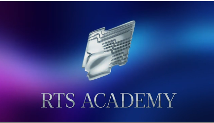 RTS Academy logo with a metallic abstract shape and purple background
