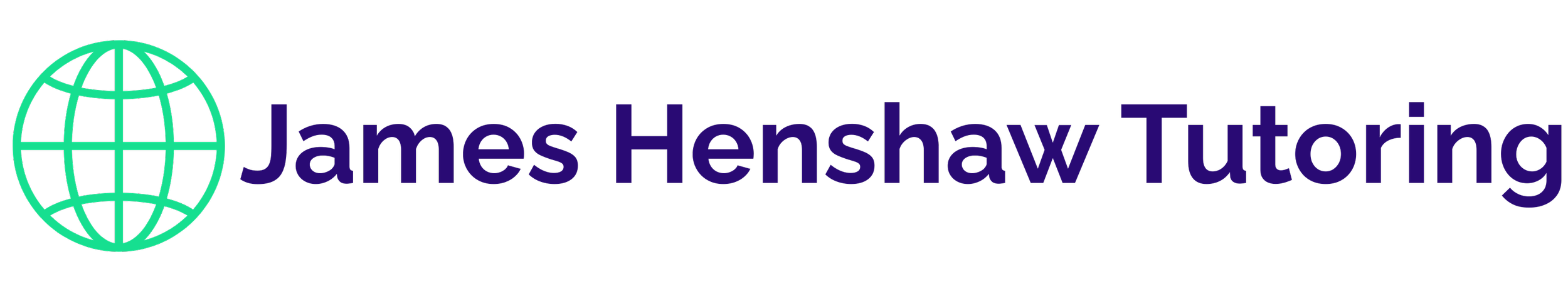 Logo of James Henshaw Tutoring featuring a globe icon and purple text.